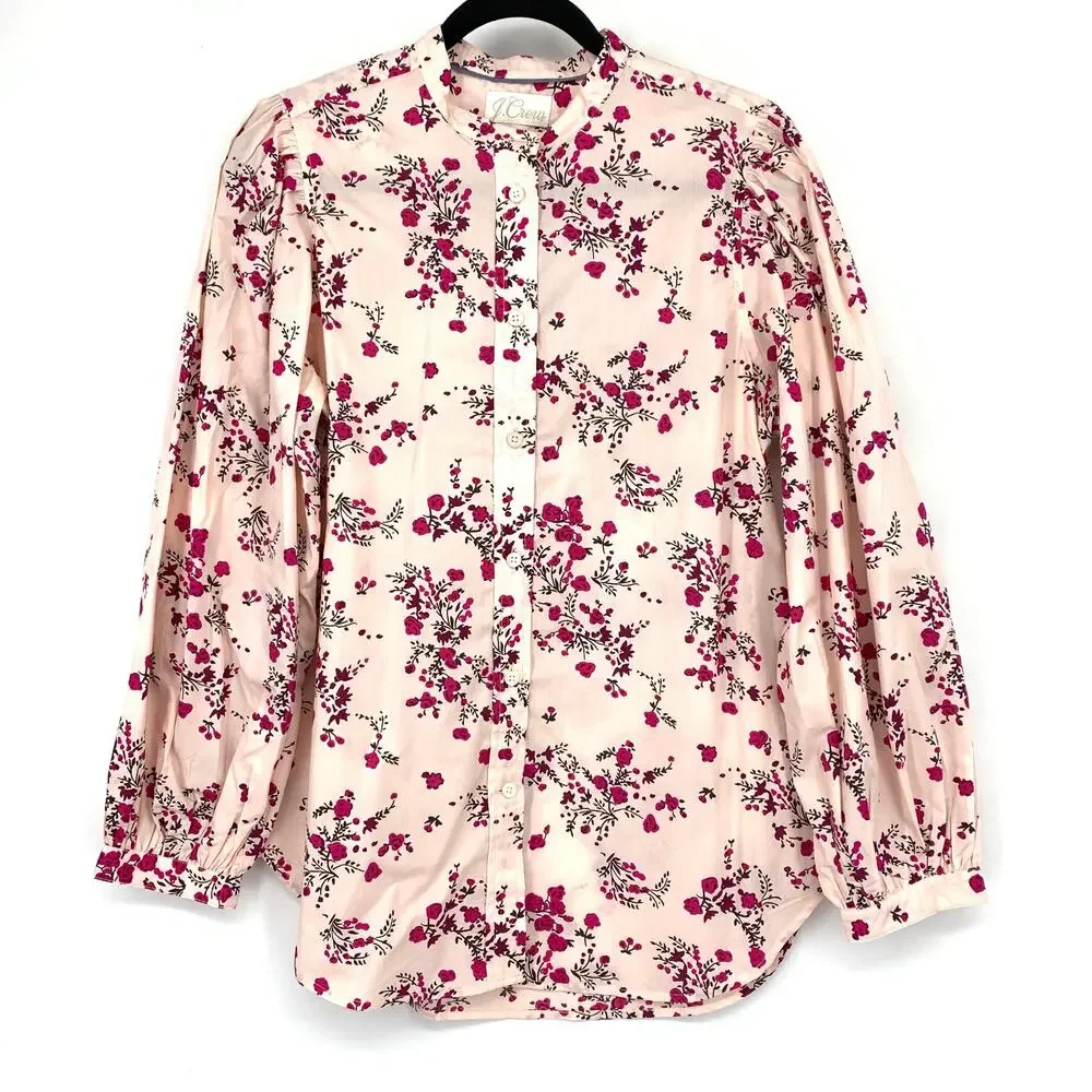 J.Crew Classic Collarless Puff Sleeve Shirt Size 8 In Budding Floral Print Pink